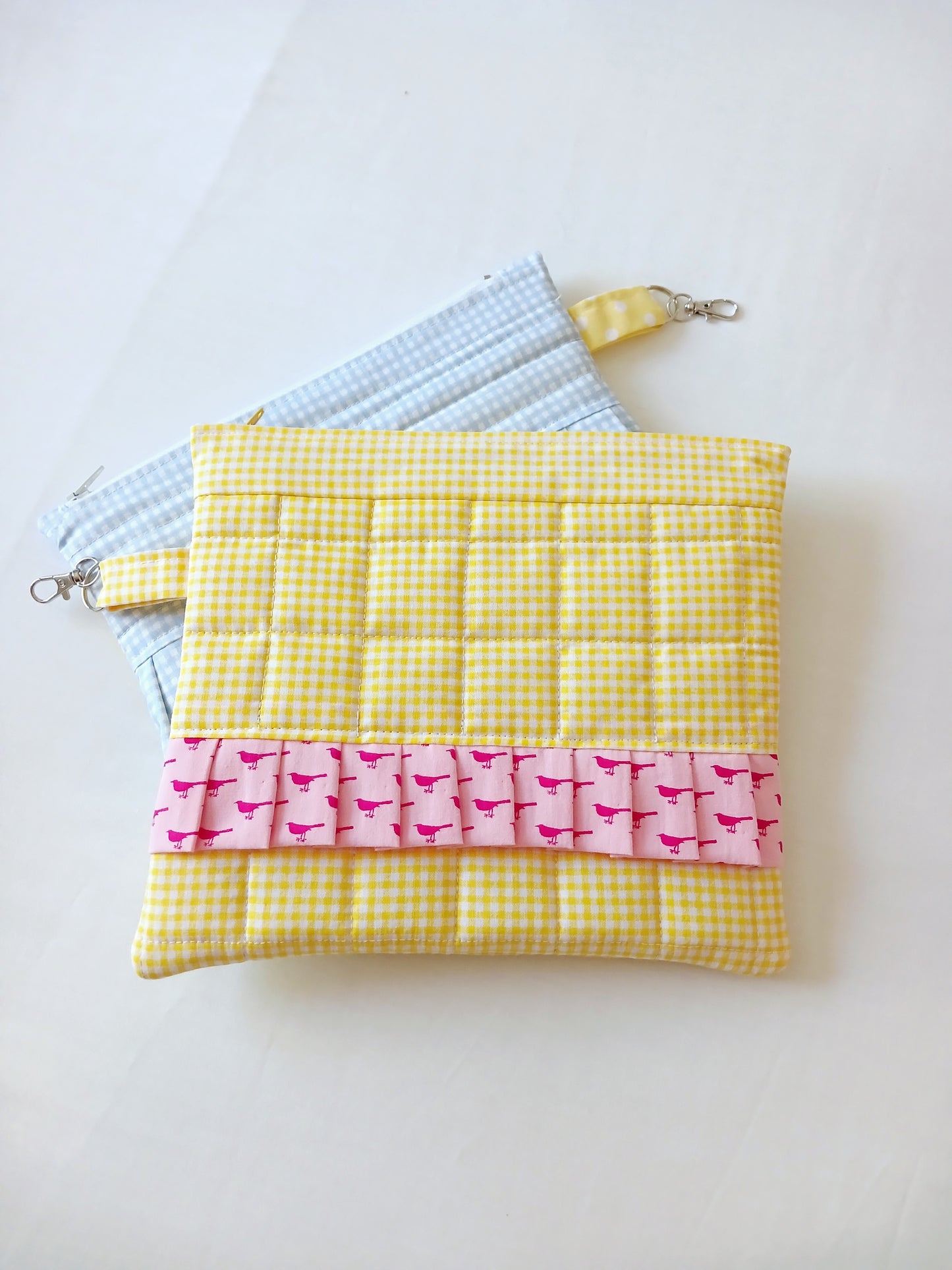 Pink Bird Frill and Yellow Gingham Zipper Pouch